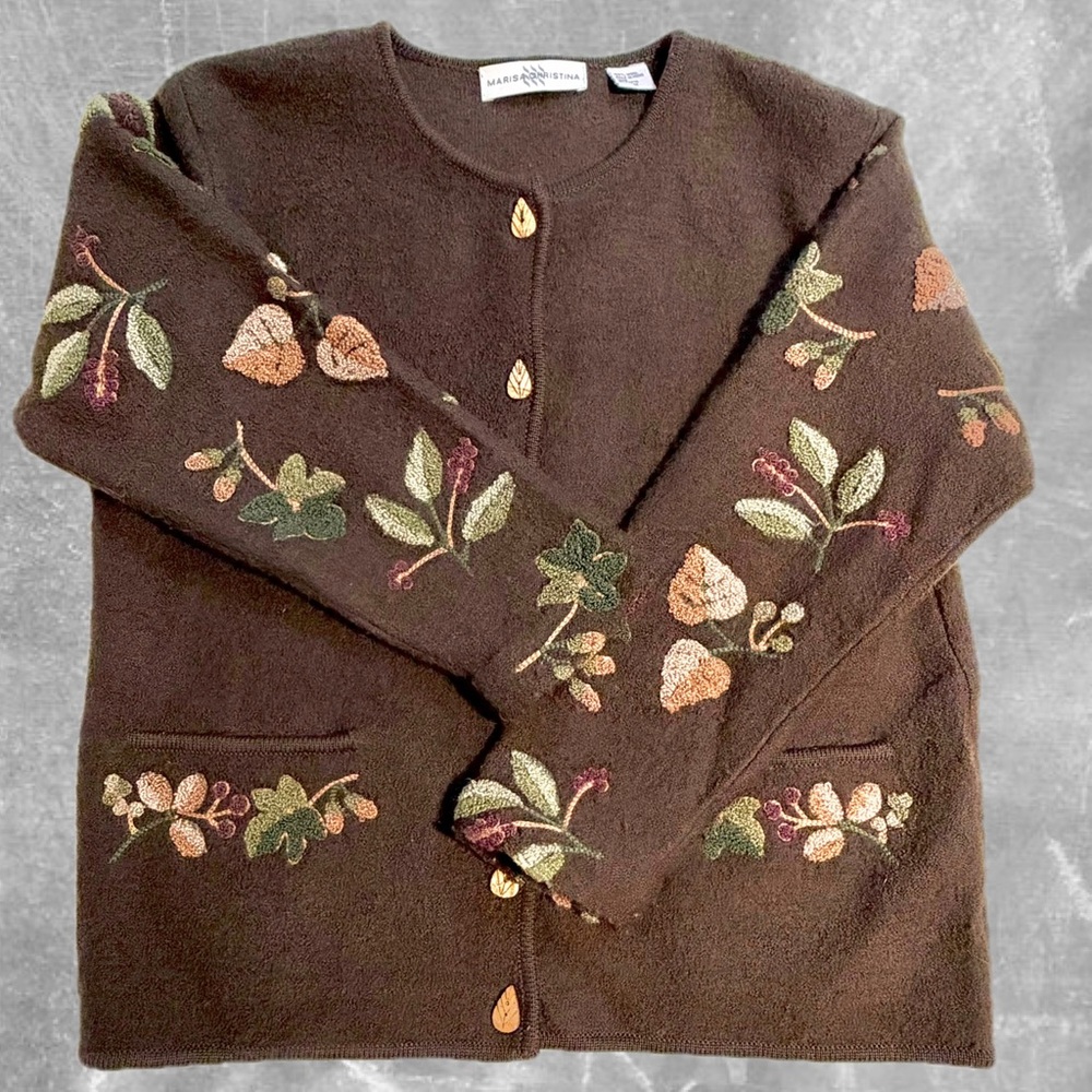 VINTAGE‎ woodland forest tree leaf wool sweater cardigan button front 80s earthy